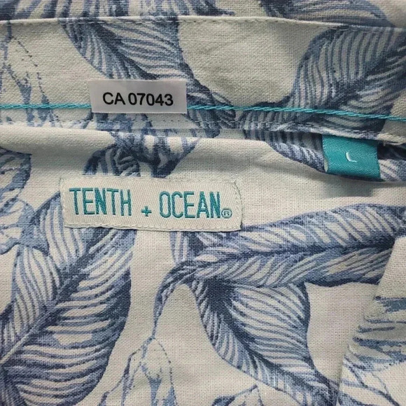 Tenth Ocean Mens Blue White Floral Linen Blend Button Up Shirt US Size Large - Picture 3 of 11